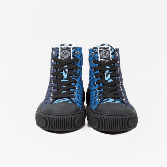 Versace Blue La Greca Canvas High-Top Sneakers - Picture 2 of 12